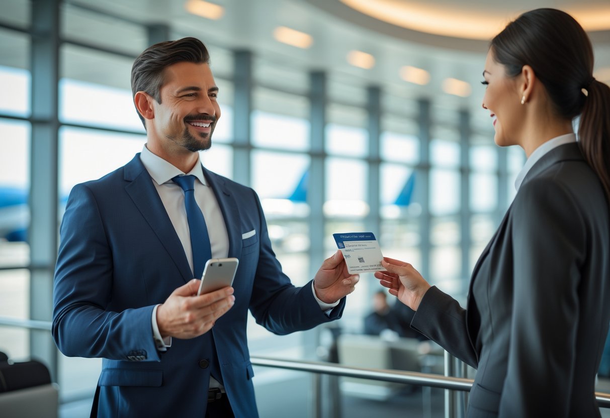 A man in business attire receiving an upgraded boarding pass from a flight attendant in an airport lounge.