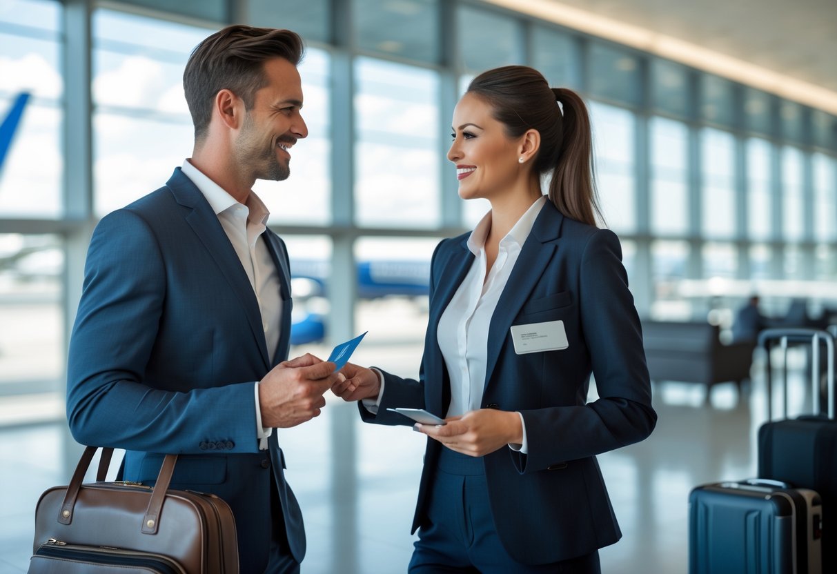 A business traveler smiling while talking to an airline agent at the airport, holding a boarding pass and credit card, with airplanes visible outside the window.