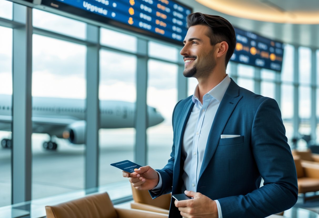 A man in business attire holding a boarding pass and credit card in an airport lounge with an airplane visible through large windows.
