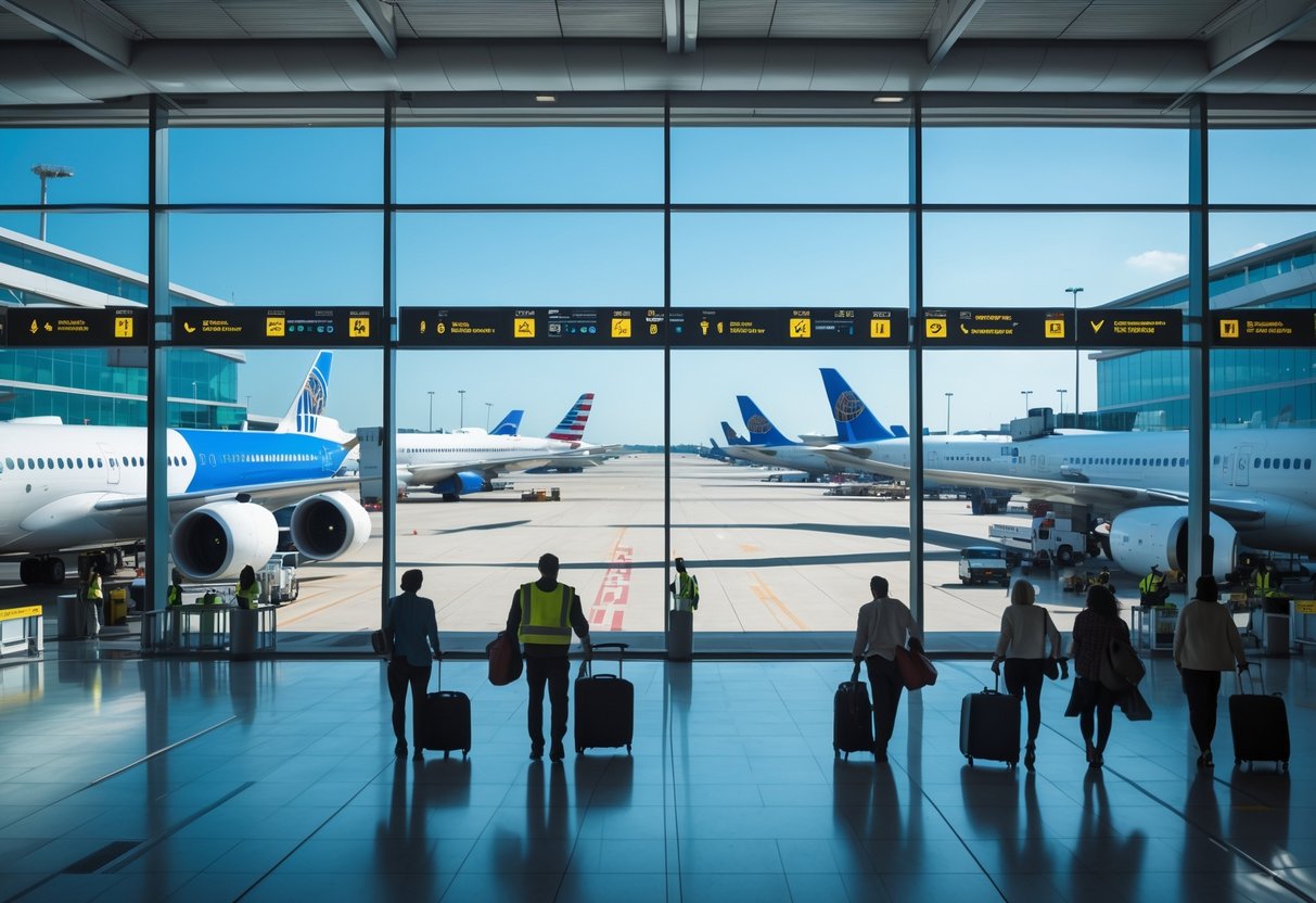 A busy airport terminal with travelers, airplanes at gates, and planes taxiing on runways outside on a clear day.