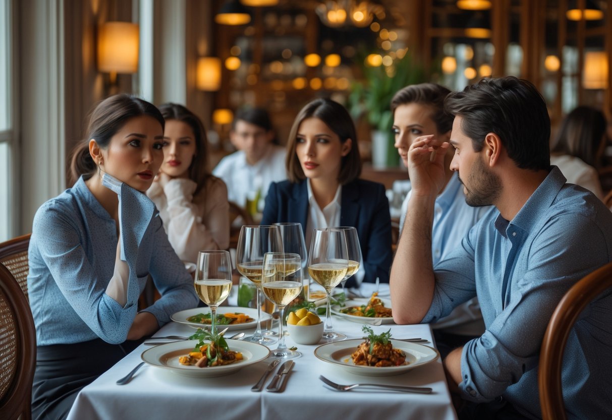 People dining in a French restaurant with one person displaying a rude behavior while others react subtly.