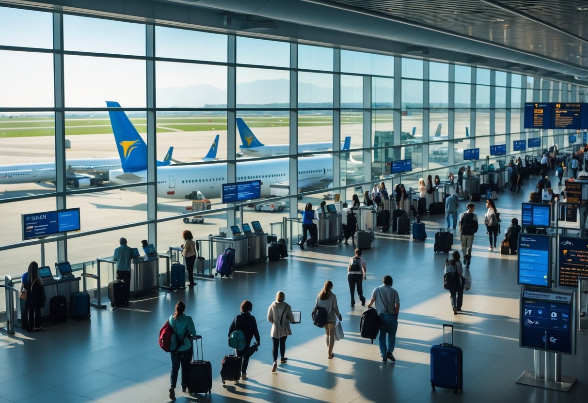 A busy airport terminal with travelers, airplanes at gates, and airport staff working on the tarmac.