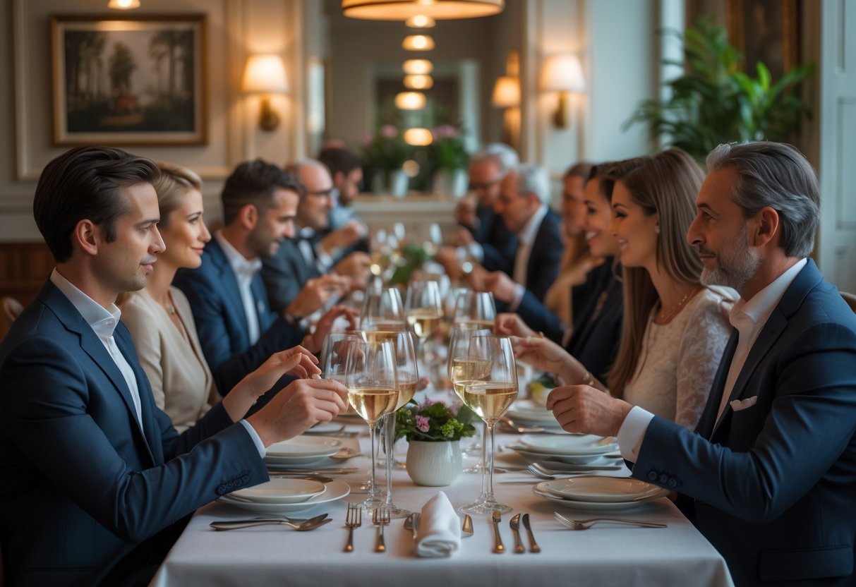 People dining politely at a French restaurant, using proper table manners and sitting respectfully around a neatly set table.