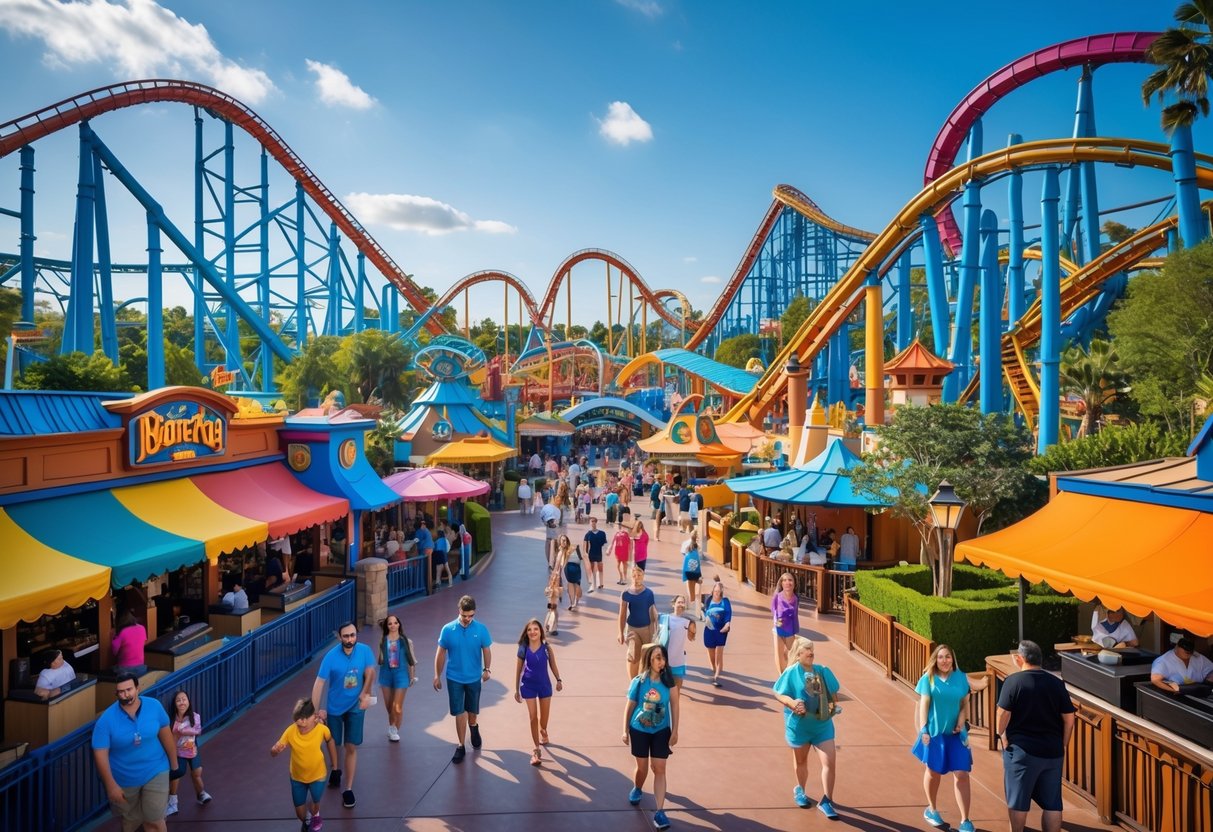 A lively theme park with colorful roller coasters, rides, and families enjoying a sunny day outdoors.