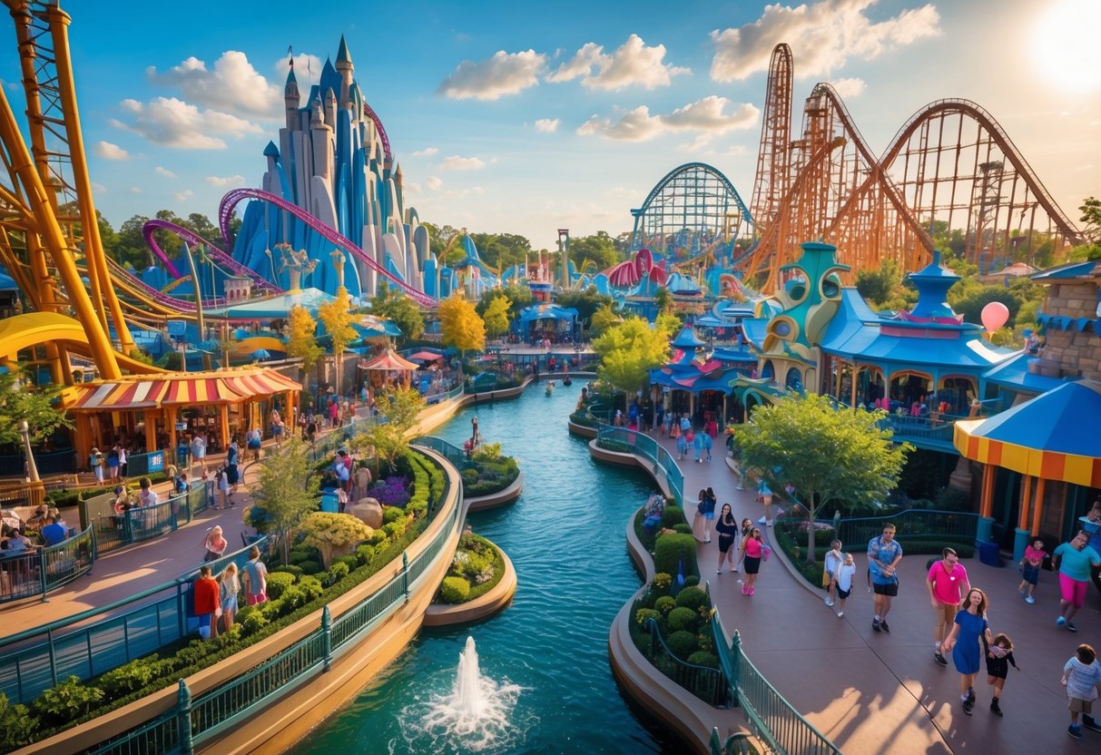 A lively theme park with roller coasters, colorful buildings, and families enjoying rides and attractions under a clear blue sky.