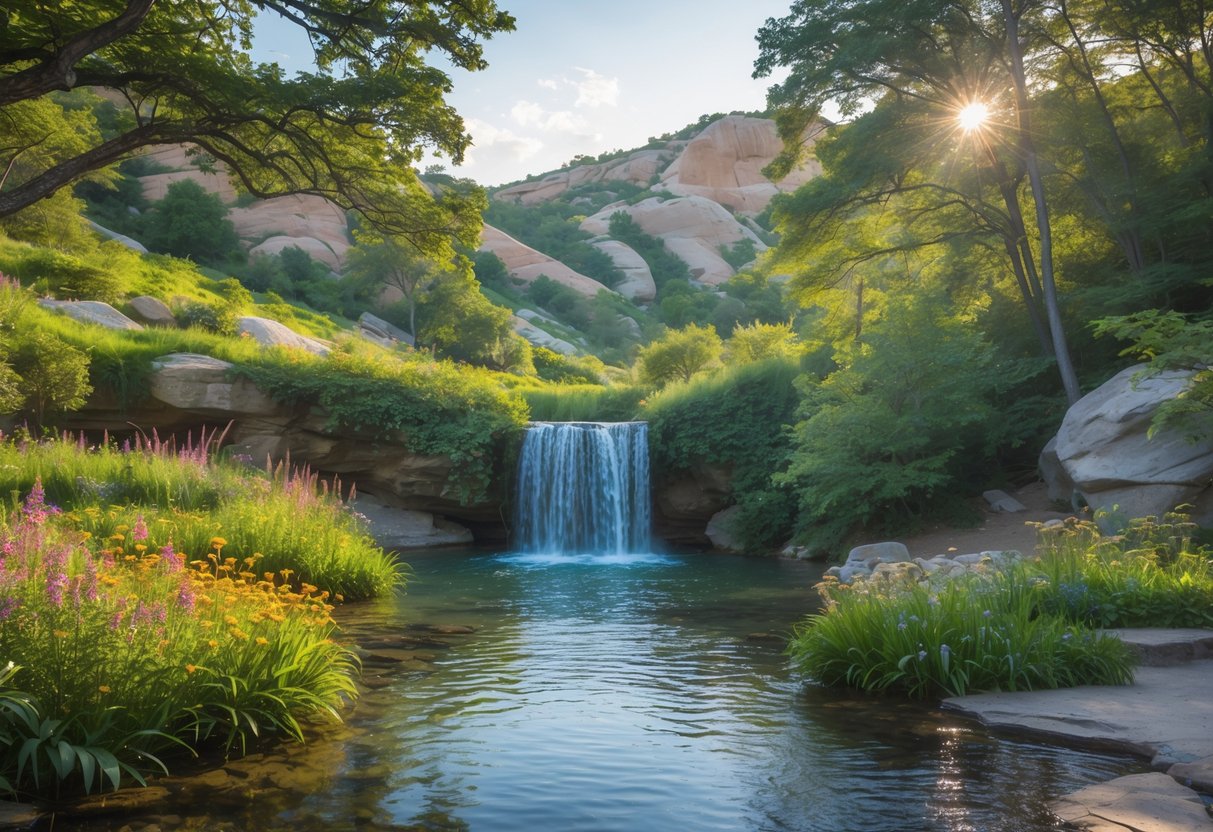 A hidden waterfall flowing into a clear pool surrounded by green trees and wildflowers in a peaceful natural setting.