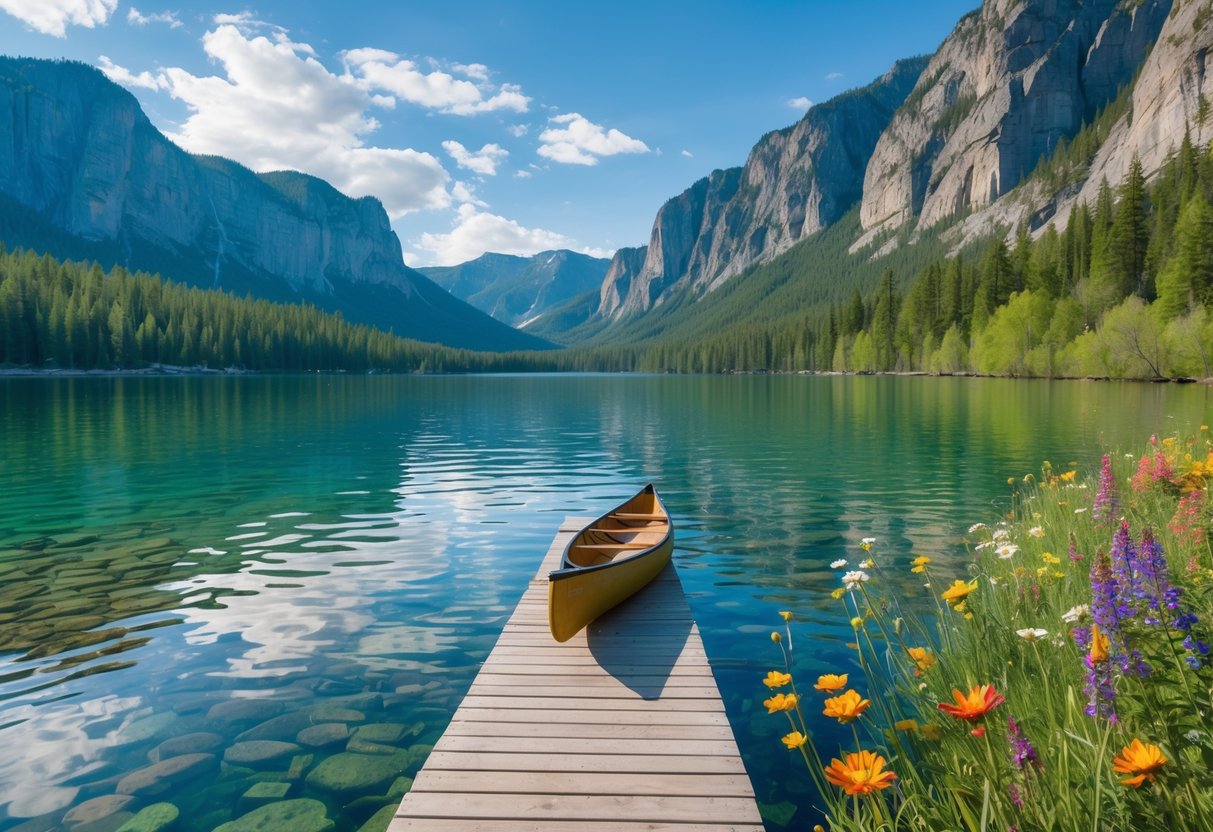 A peaceful lake surrounded by green forests and mountains with a wooden dock and canoe at the water's edge.