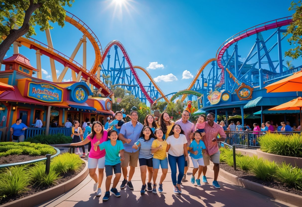 Families and friends enjoying colorful and unique theme park rides and attractions on a sunny day.