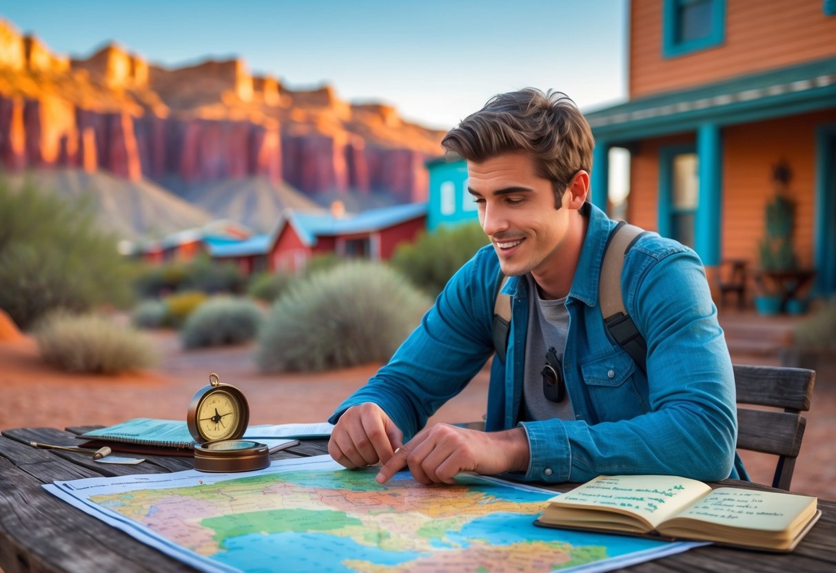 A person sitting outdoors at a wooden table with maps and a compass, planning a trip with a scenic American landscape in the background.