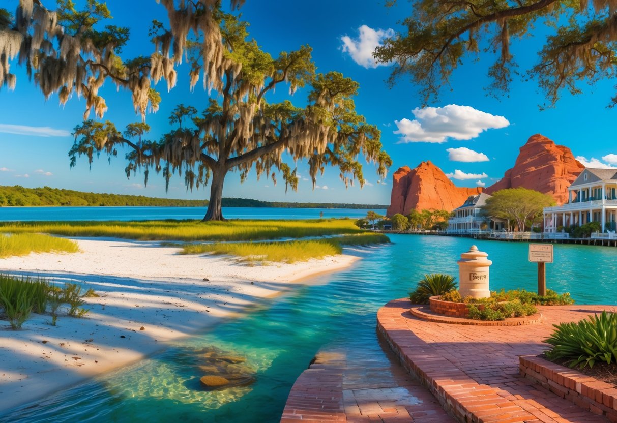 A collage of unique southern travel destinations including bayous with cypress trees, white sandy beaches, red rock formations, and historic colorful towns.
