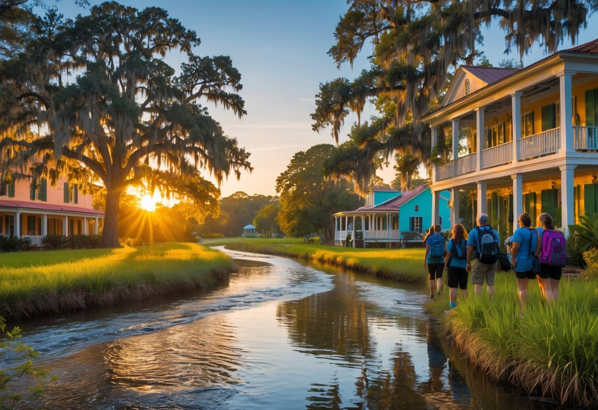 A scenic southern landscape with a river, cypress trees with Spanish moss, historic colorful buildings, and travelers exploring the area at sunset.
