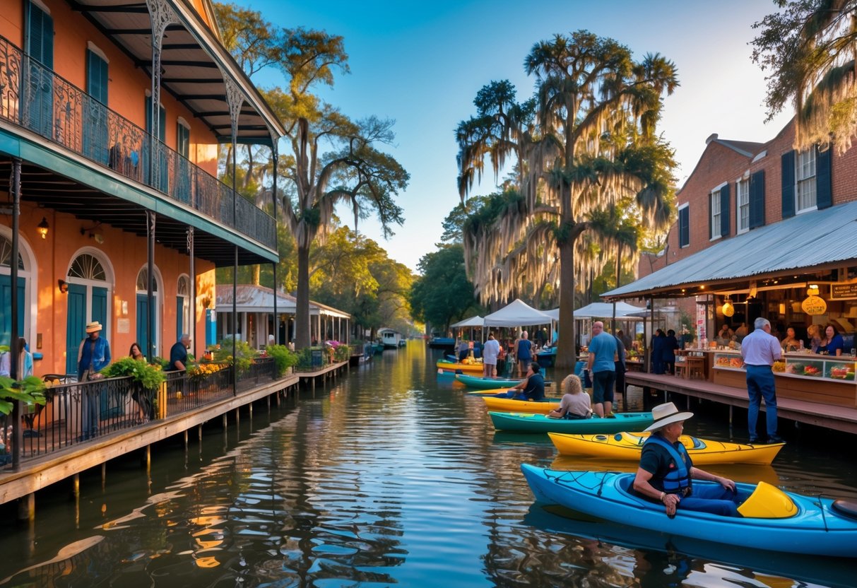 A colorful street with historic buildings, a calm bayou with cypress trees, and people enjoying outdoor food and activities in the Southern USA.