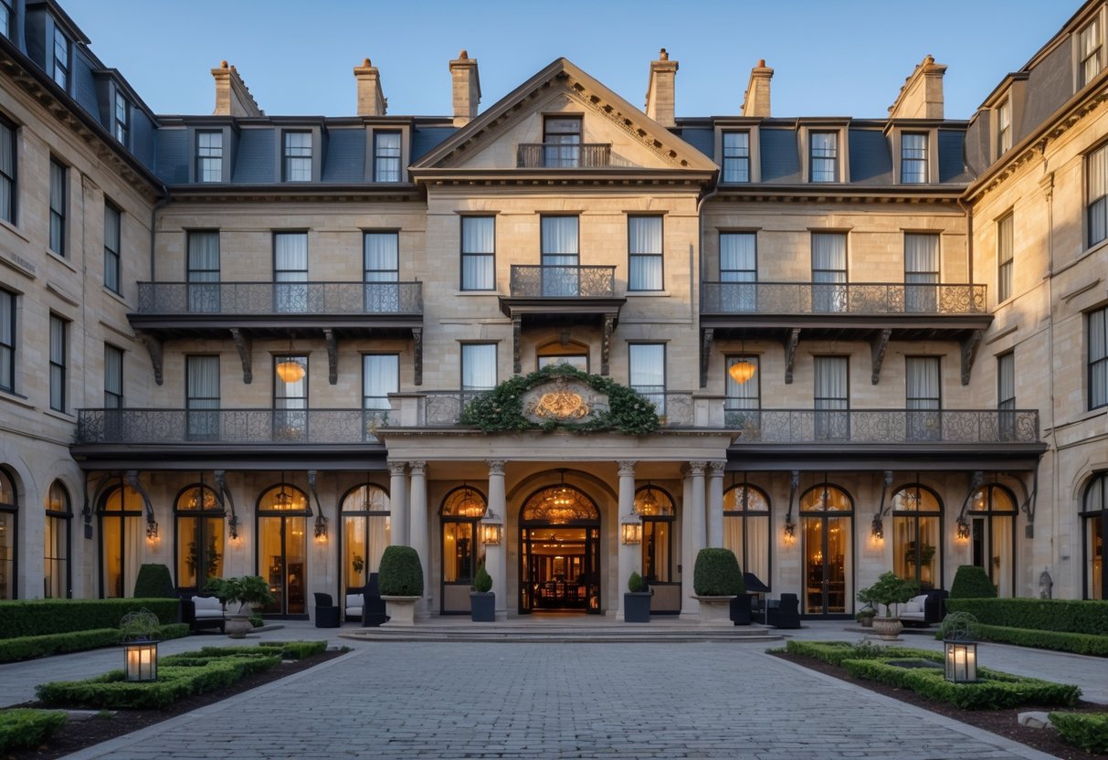 Historic hotel building with classic architecture and a grand entrance surrounded by gardens and walkways.