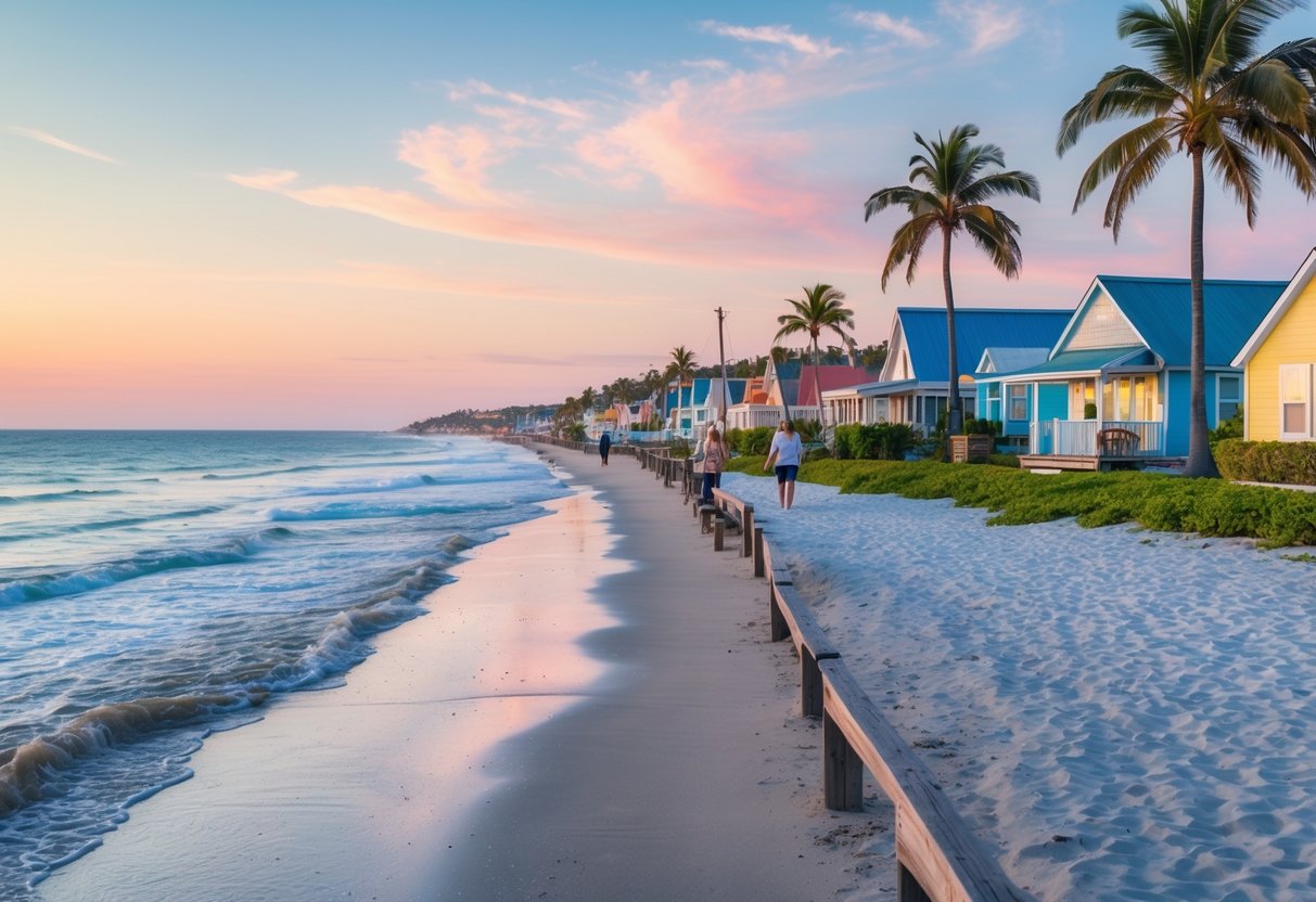 A peaceful beach town at sunrise with sandy shore, calm ocean, colorful houses, palm trees, and people enjoying a quiet walk along a boardwalk.