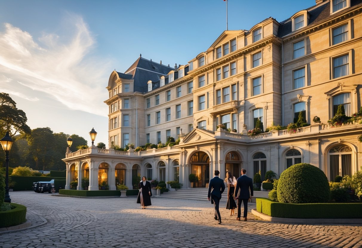 Exterior view of a grand historic hotel with ornate architecture, guests arriving, and surrounding gardens.