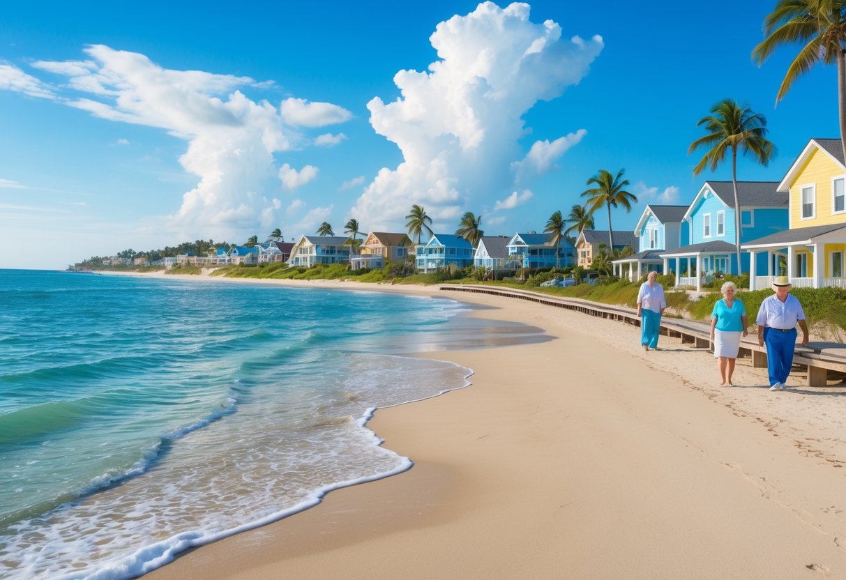A peaceful beach town with sandy shore, turquoise water, colorful houses, palm trees, and elderly couples enjoying a sunny day by the ocean.