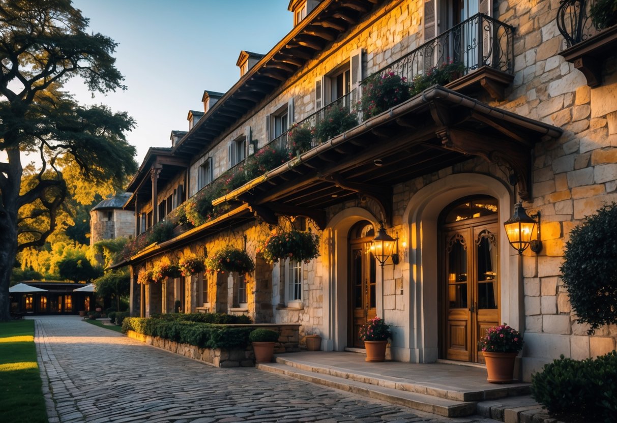 Exterior view of a historic hotel with stone walls, wooden beams, and a cobblestone path surrounded by trees and gardens.