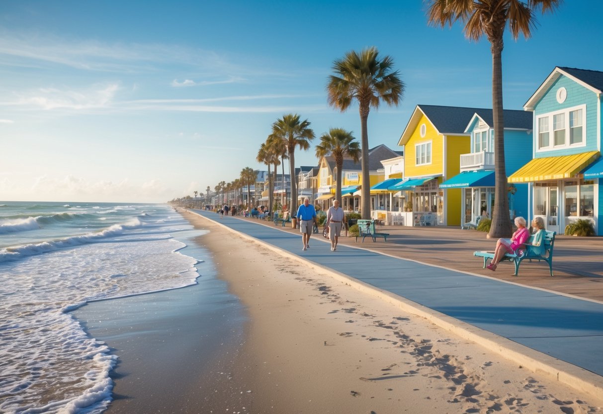 A sunny beach with calm waves, colorful umbrellas, palm trees, and people walking along a boardwalk near charming houses.