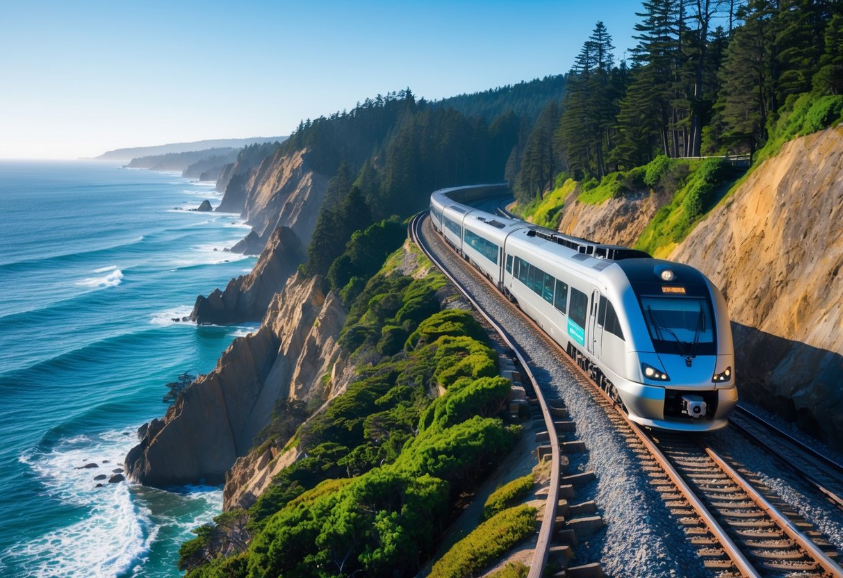 A passenger train traveling along a coastal railway beside cliffs overlooking the Pacific Ocean with green forests and rocky shoreline.