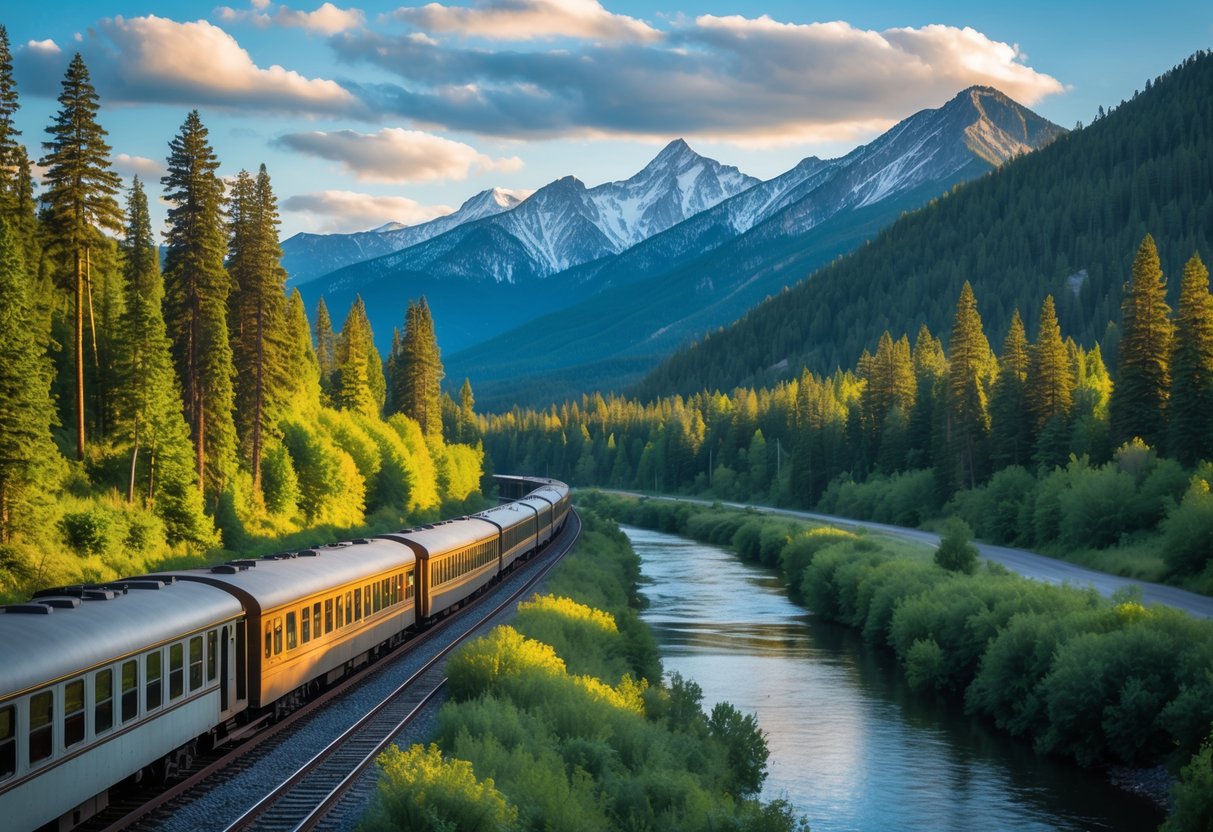 A vintage train traveling through green forests and mountains beside a calm river.
