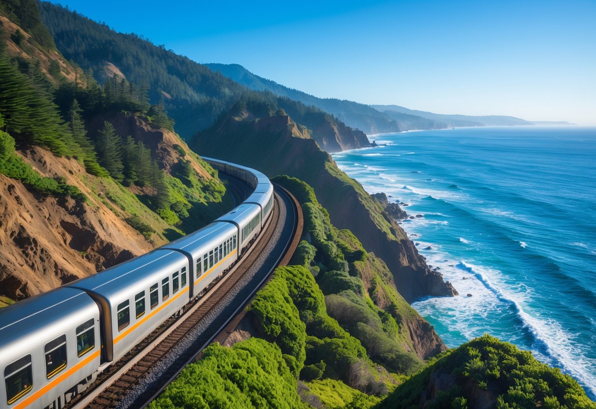 A passenger train traveling along coastal cliffs with ocean and forest scenery on the West Coast.