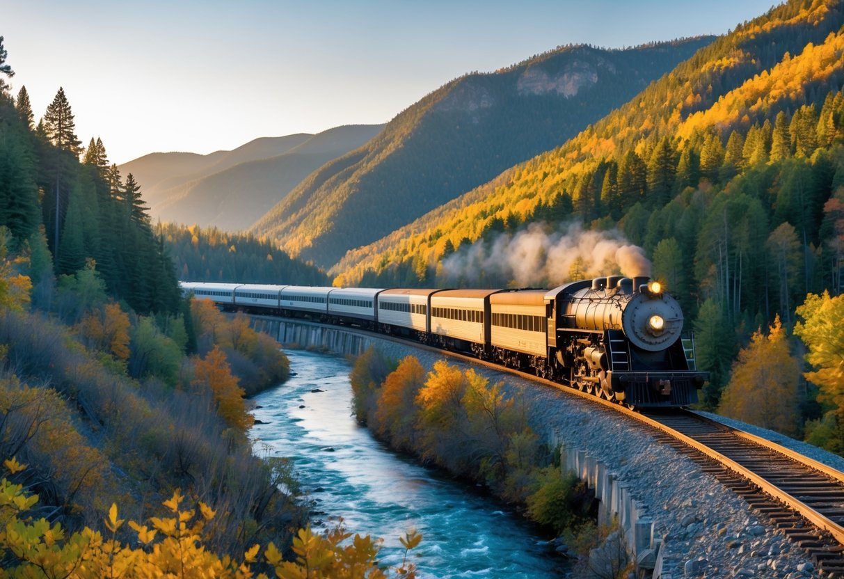 A passenger train traveling through a forested mountainous landscape beside a river during sunset.