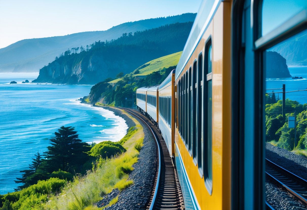 A passenger train traveling along a coastal railway with green forests on one side and the ocean on the other under a clear sky.