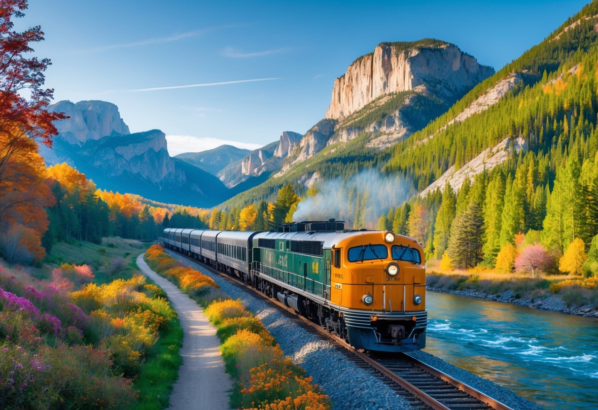 A train traveling along tracks through green forests, mountains, and a river under a clear blue sky.