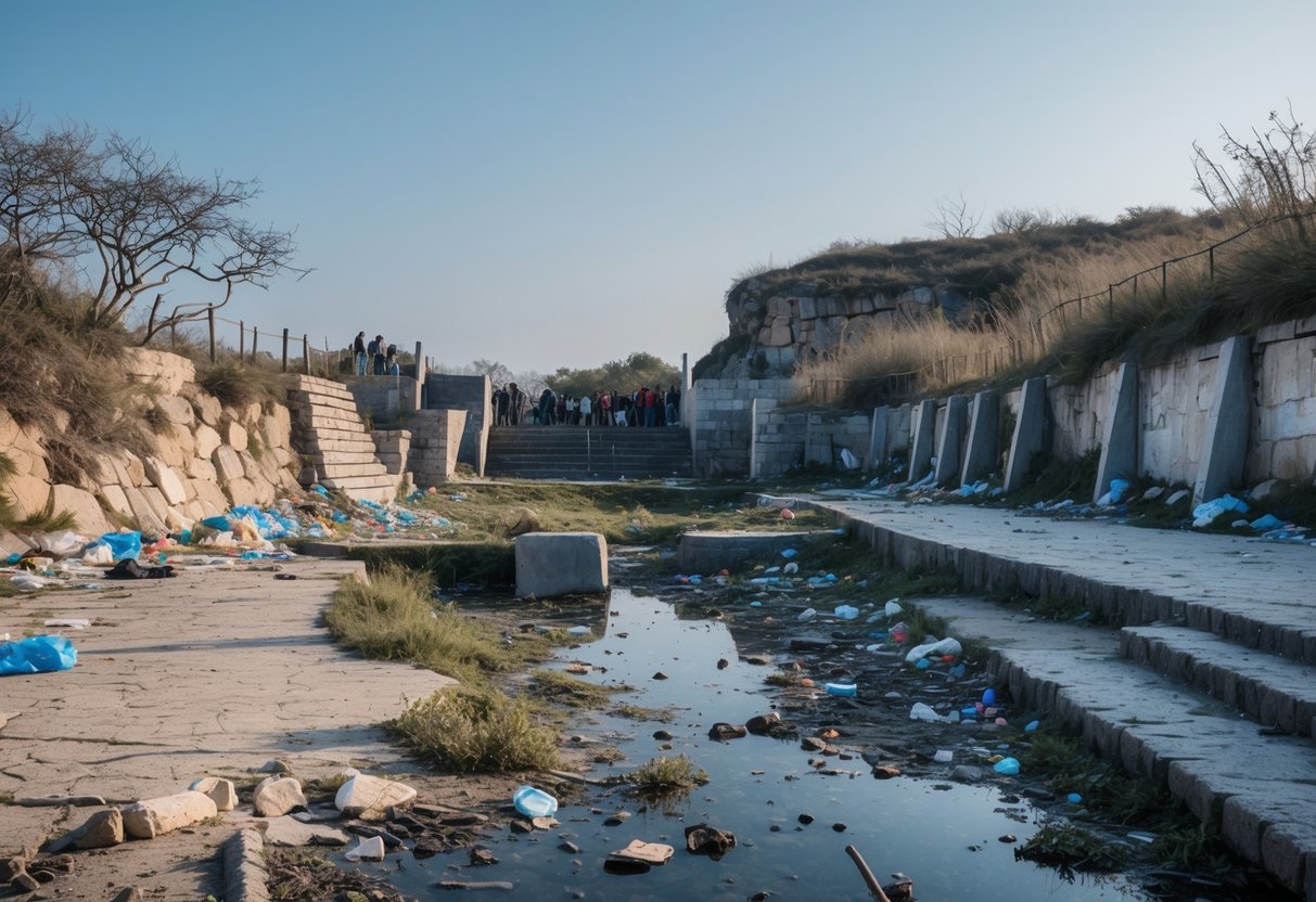 A damaged tourist site with litter, broken fences, and trampled vegetation showing signs of environmental harm.