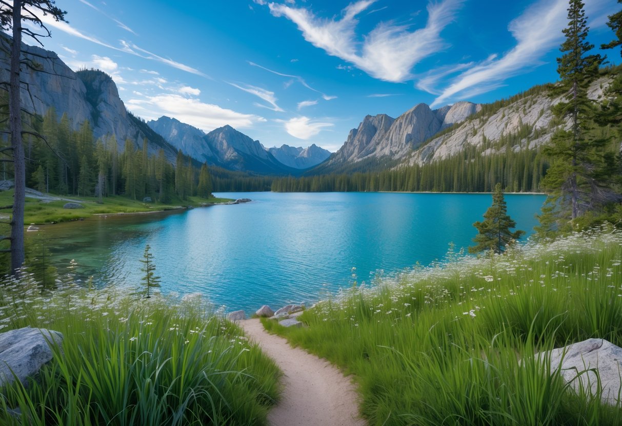 A clear lake surrounded by evergreen trees and mountains with a hiking trail winding through wildflowers under a blue sky.