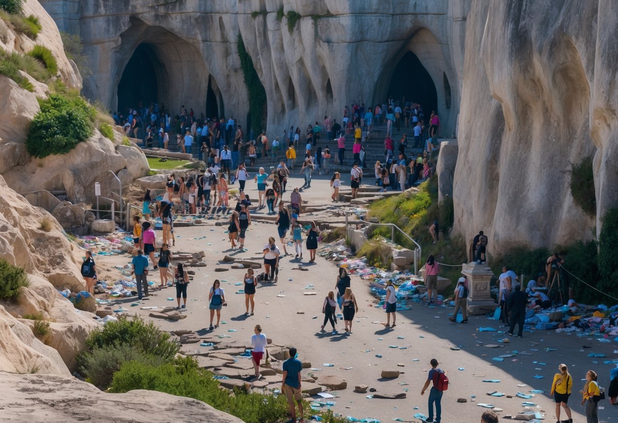 A crowded iconic landmark showing damage and litter caused by heavy tourism, with many people walking and taking photos.