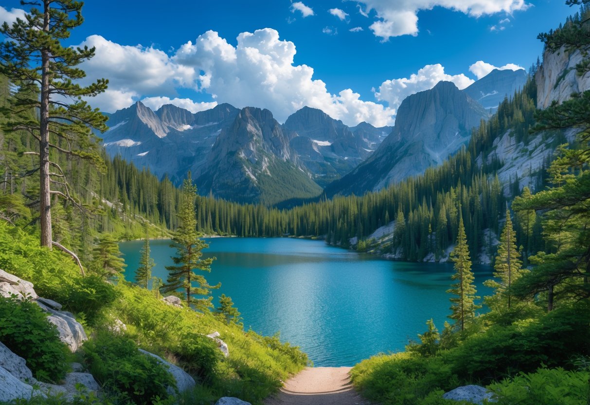 A clear mountain lake surrounded by green pine trees and tall snow-capped mountains under a blue sky with clouds.