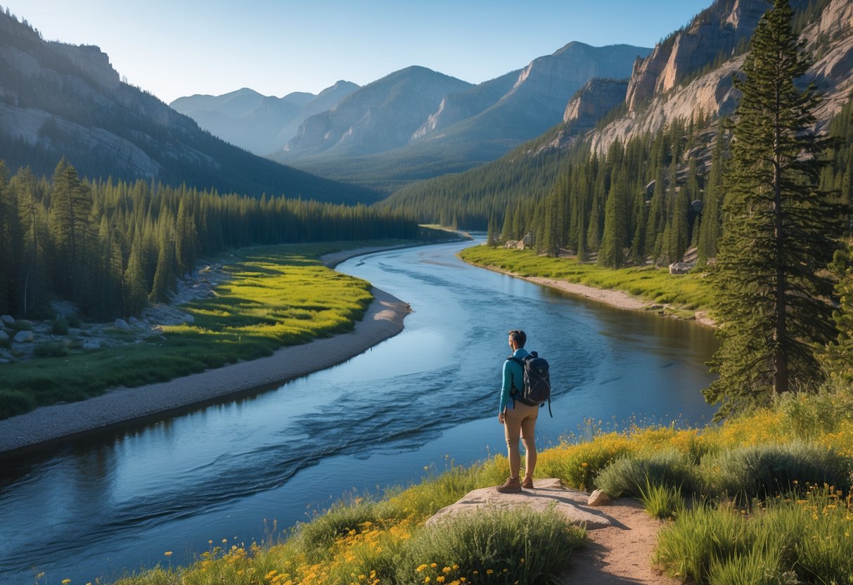 A lone hiker overlooking a river winding through a forested valley with mountains in the background.