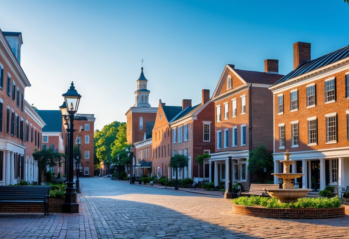 A panoramic view of historic colonial buildings, cobblestone streets, and a town square with a fountain under a clear blue sky.