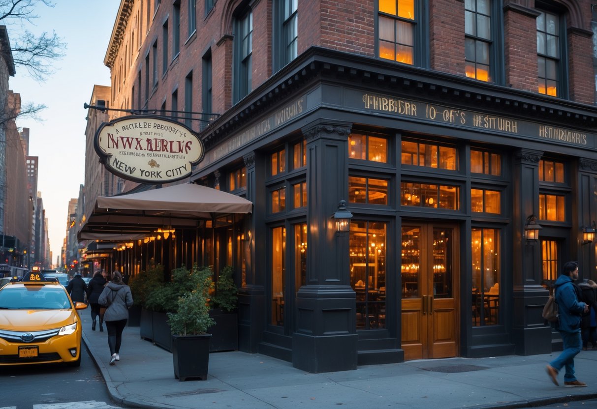 Exterior of a historic restaurant building in New York City with people walking nearby and a yellow taxi on the street.