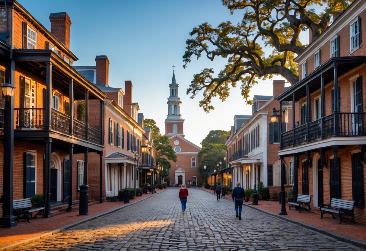 A historic street with colonial buildings, a church steeple, and an old oak tree under a clear blue sky with people walking and sitting nearby.