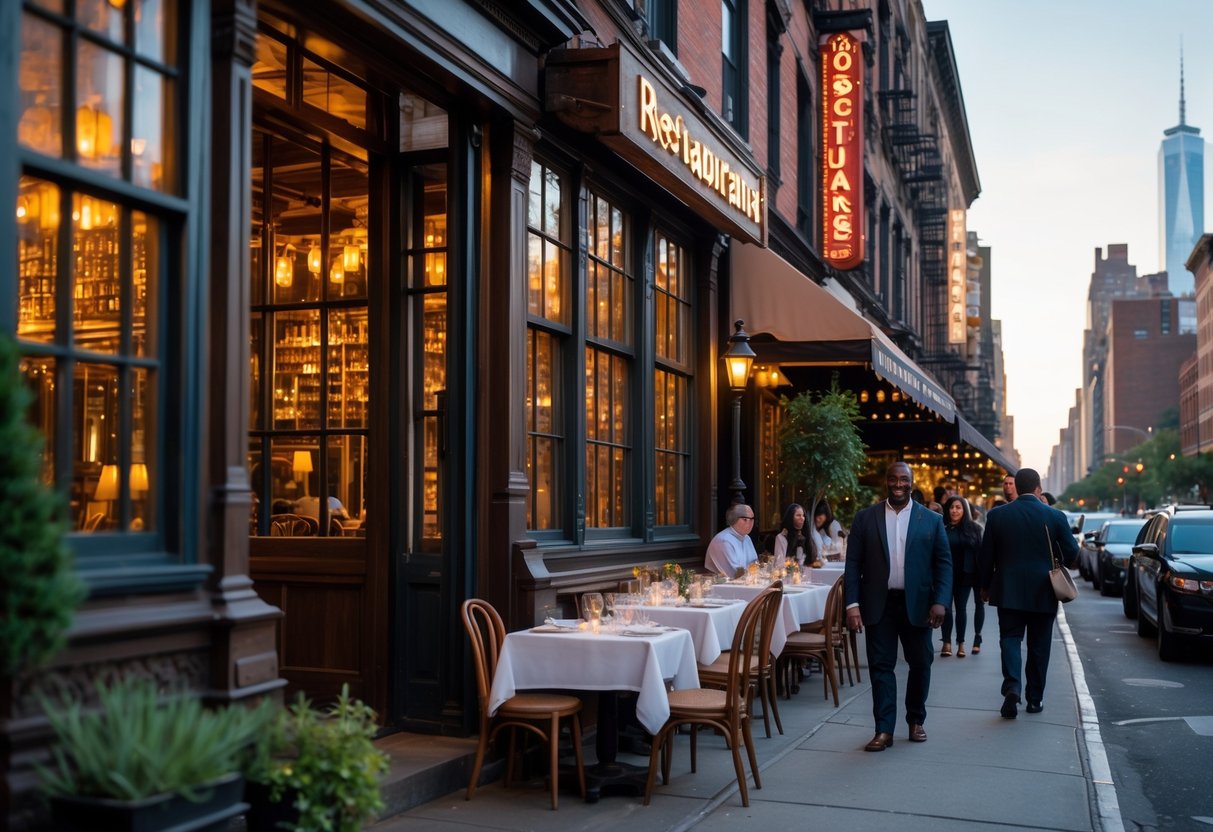 Street view of historic New York City restaurants with warm glowing interiors, wooden tables, and people dining inside and outside on a clear day.