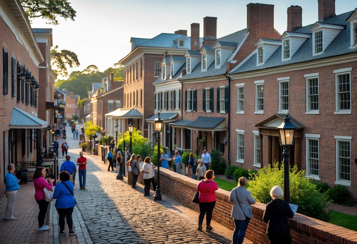 A historic American city street with old buildings, cobblestone roads, vintage lamps, and people exploring the area.