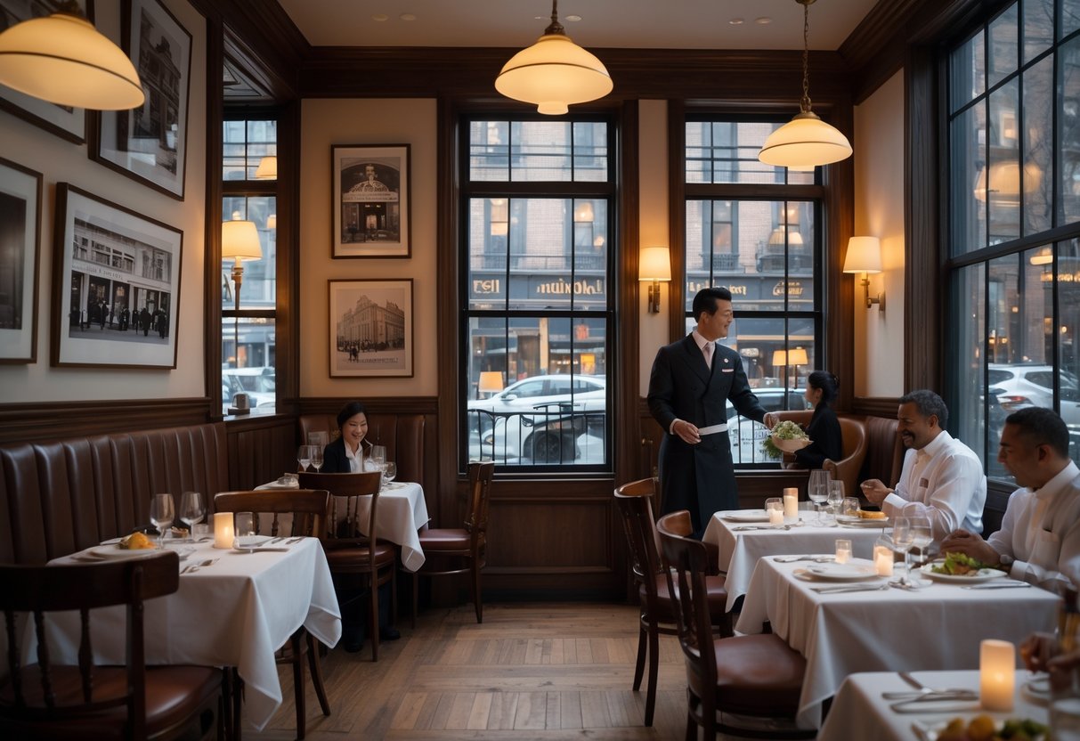 Interior of a historic New York City restaurant with wooden tables, white tablecloths, patrons dining, and vintage decor.