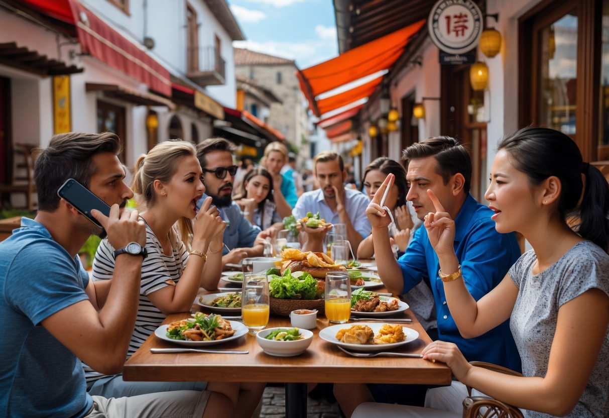 A group of American tourists dining outdoors abroad, showing one person talking loudly on a cellphone, another gesturing while speaking, someone tapping their fingers impatiently, and a server explaining local customs.