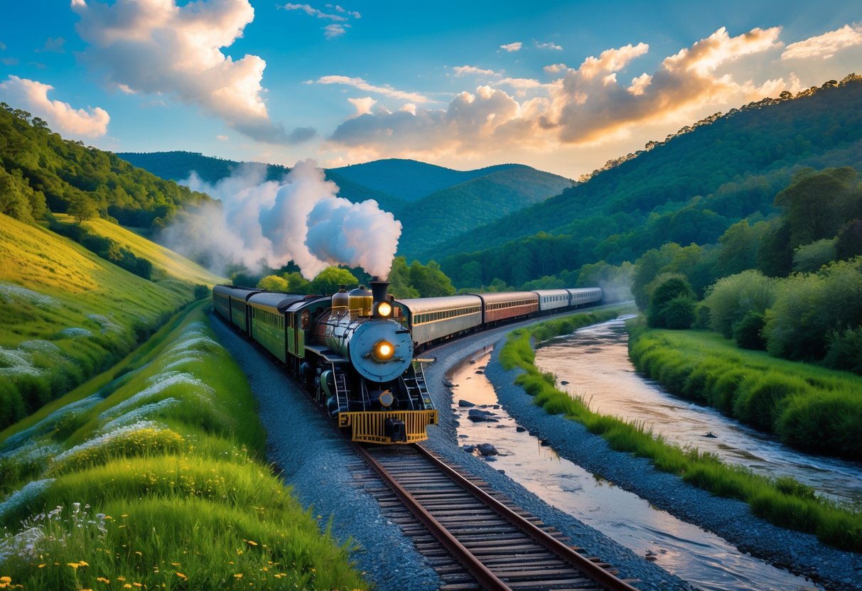 A vintage passenger train traveling through green hills and mountains beside a river under a blue sky.