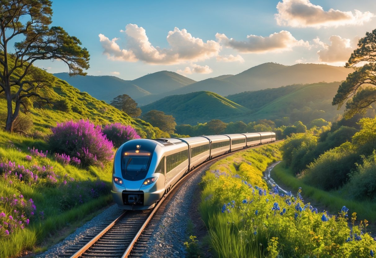 A train traveling through green hills and mountains under a blue sky with clouds.