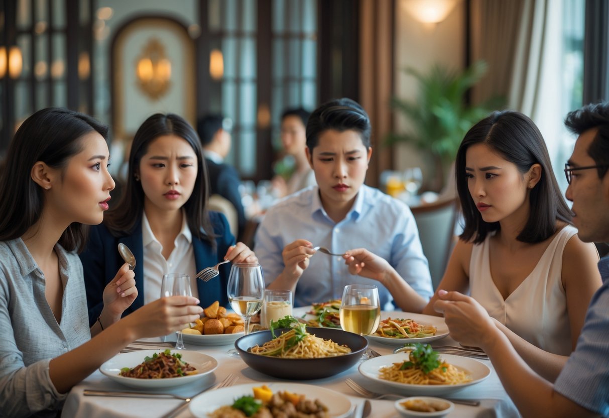 A group of international diners at a restaurant table showing subtle cultural misunderstandings during a meal.