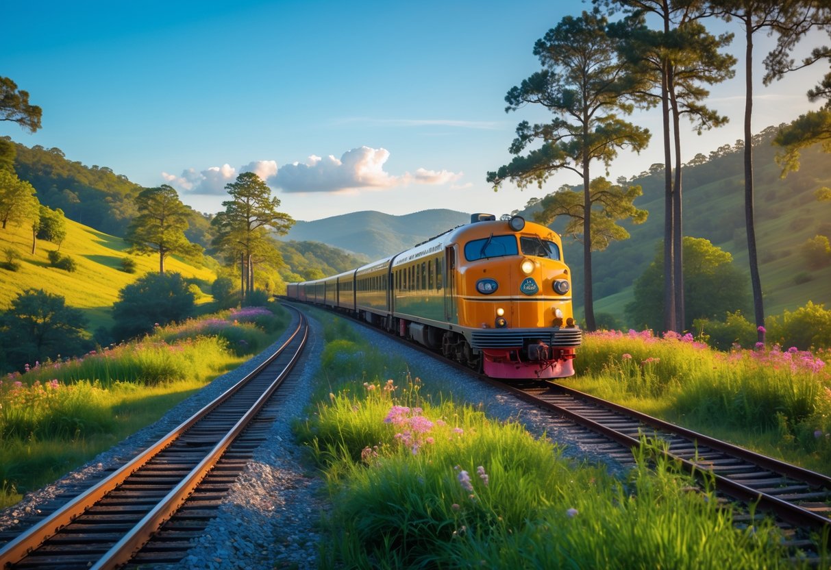 A vintage passenger train traveling through green hills and pine trees under a clear blue sky with mountains in the background.