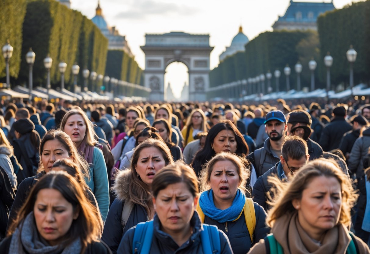 Crowded famous tourist landmark with many people looking frustrated and overwhelmed.