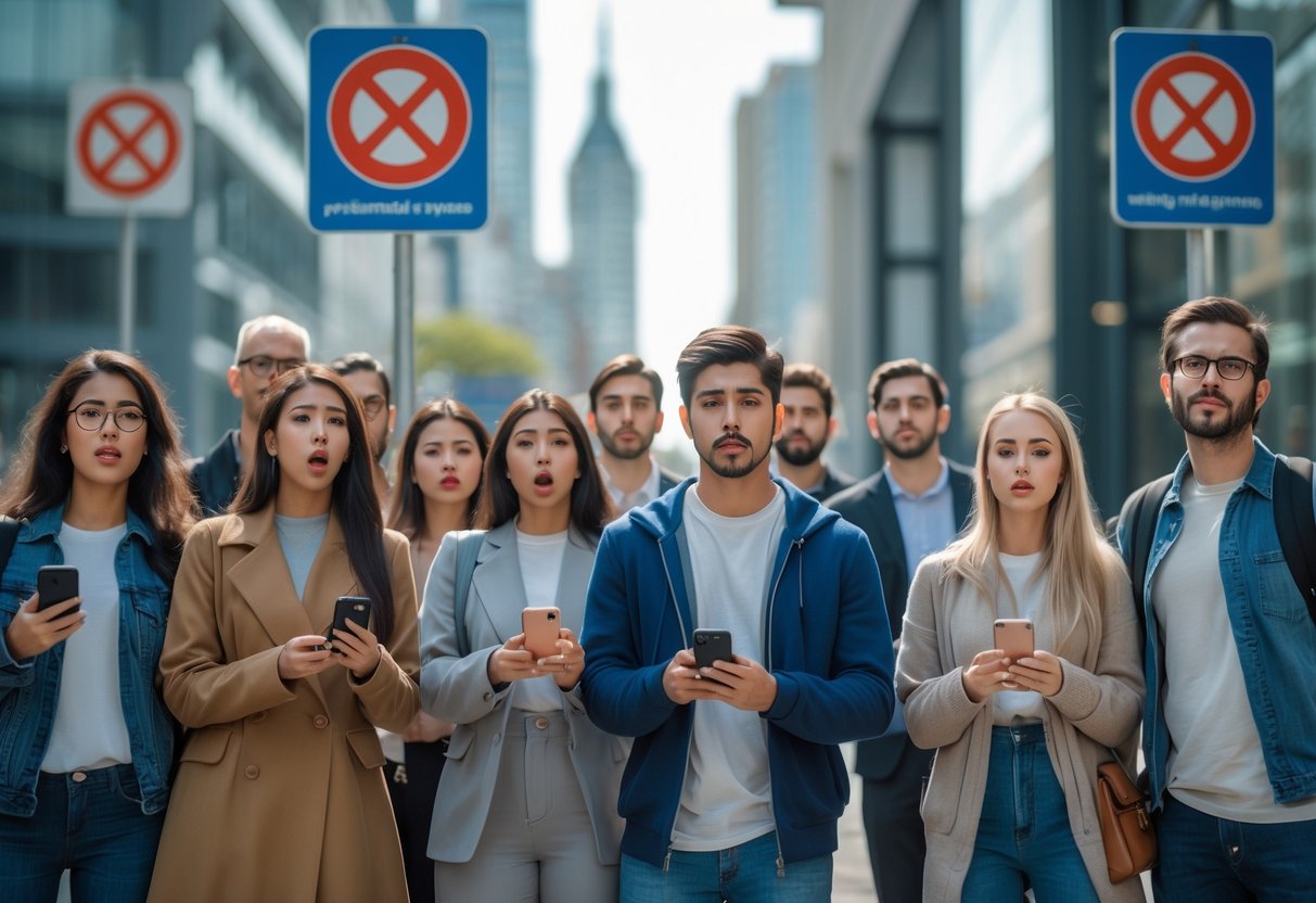 A group of people standing near no entry signs in a city, some holding smartphones and looking surprised or disappointed.