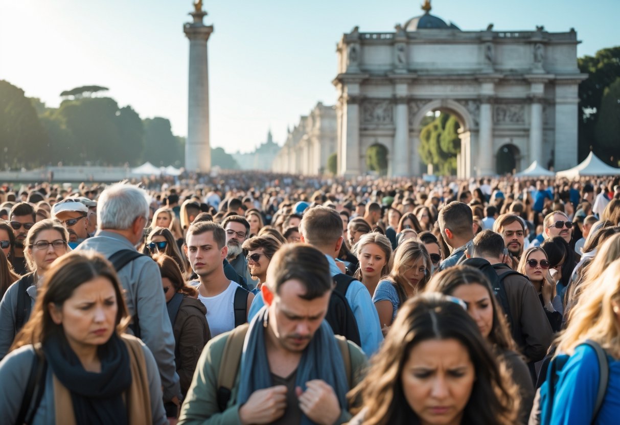 A crowded famous tourist site with many people looking overwhelmed and some appearing hesitant.