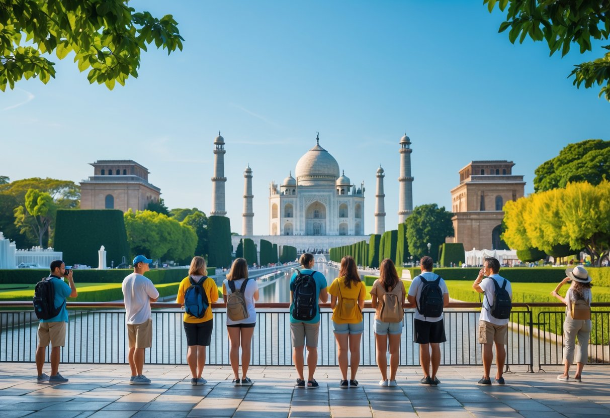 Tourists quietly enjoying a famous scenic landmark with historic buildings and greenery, without using phones or cameras.