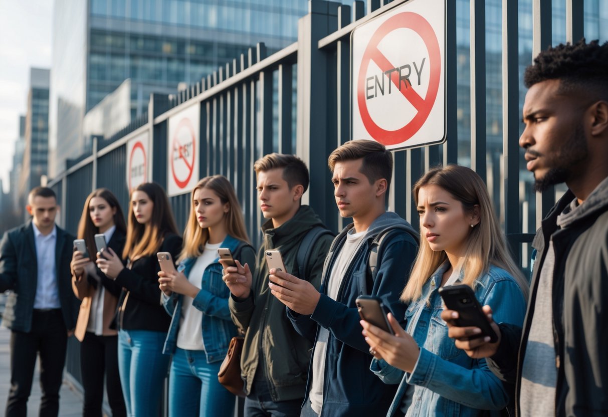 Young adults with smartphones standing outside a restricted area with no entry signs, looking disappointed.