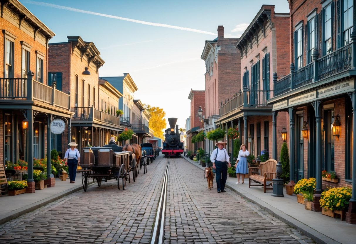 A historic American town street with 19th-century buildings, cobblestone sidewalks, horse-drawn carriages, and people dressed in period clothing, creating a nostalgic atmosphere.